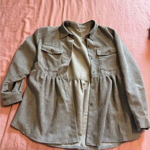 Corduroy Peplum Button-Up Shirt Jacket in Taupe